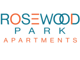 The image shows the text "Rosewood Park Apartments" in stylized font with a green background.